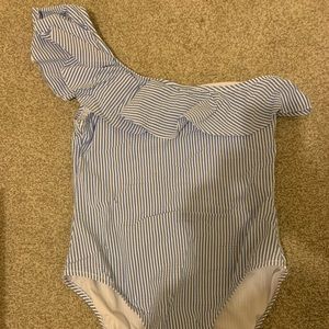 J.Crew Seersucker One Shoulder Ruffle One Piece